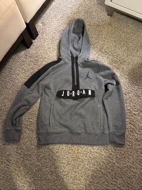 Jordan Gray Fleece Hoodie via with Black Accents and Logo